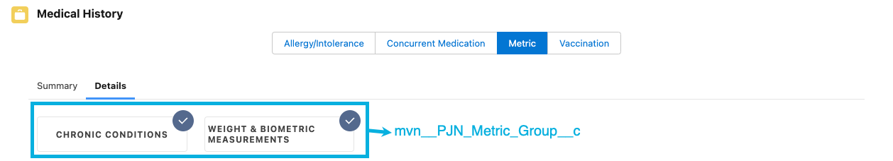 Metric groups in Medical History component