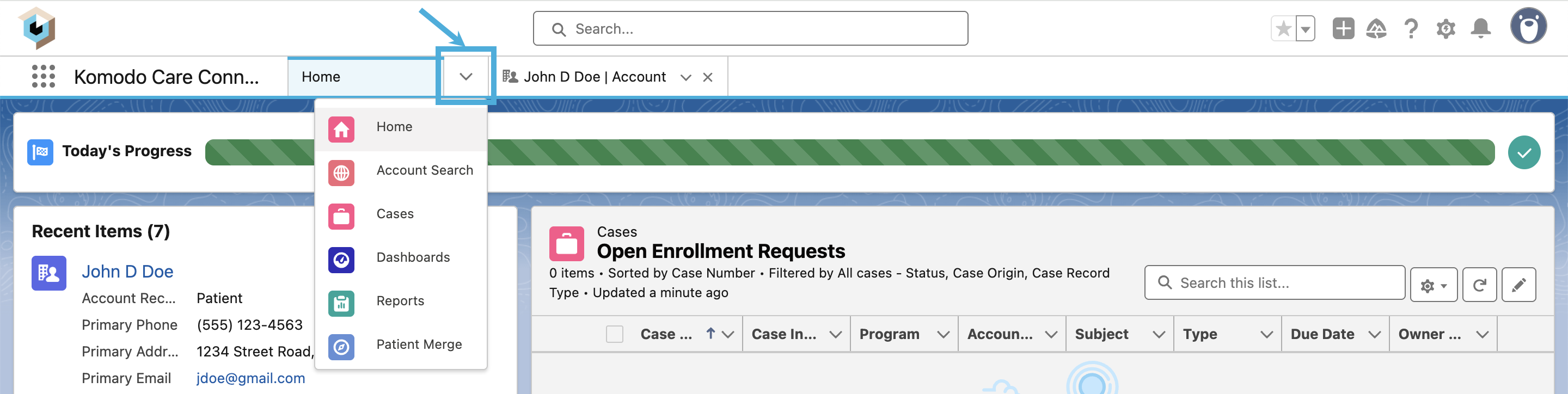 Click the down arrow to open the navigation menu.