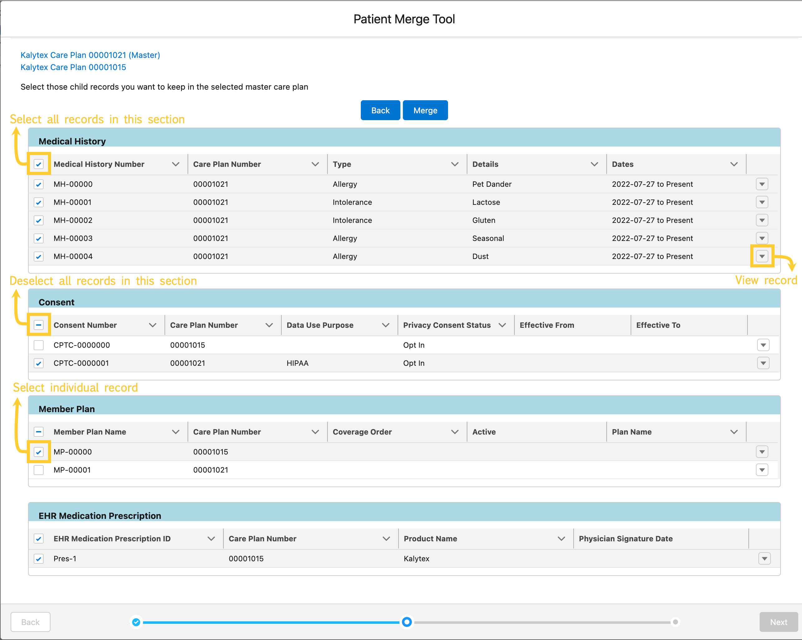 Select child records of care plans in Patient Merge Tool