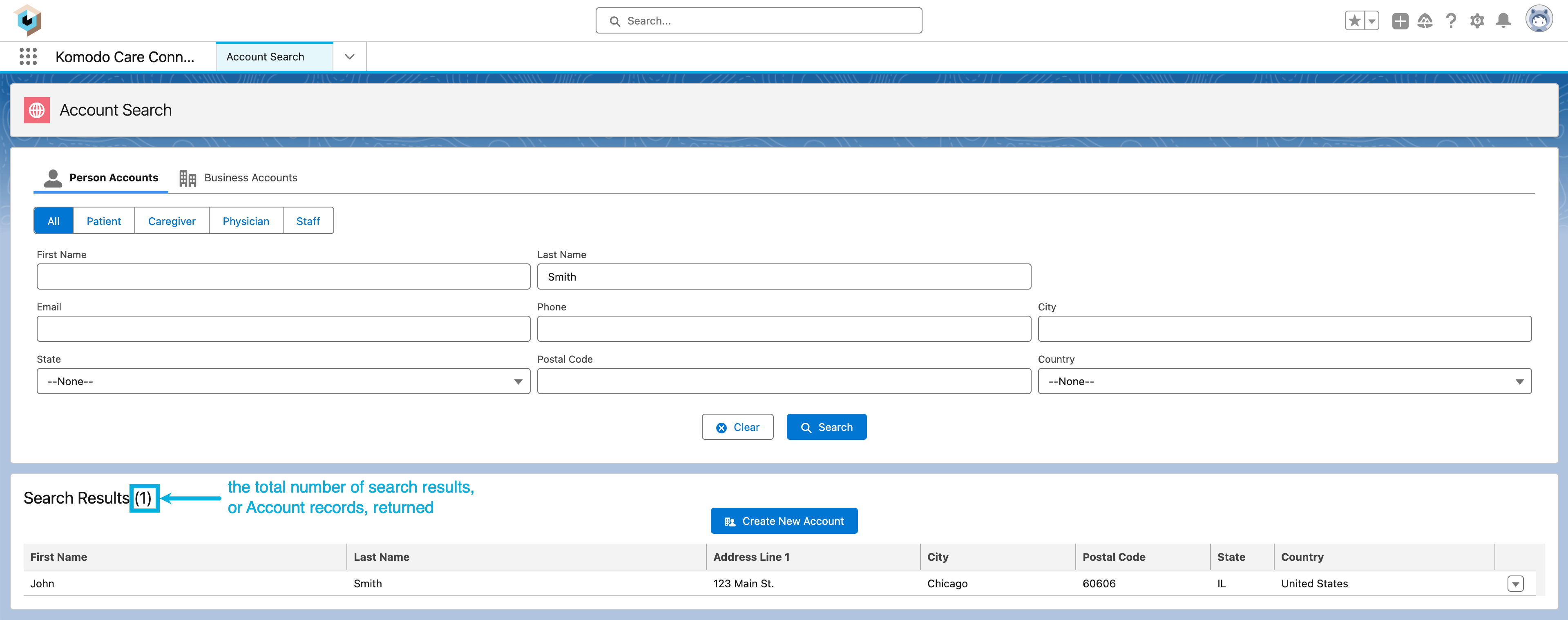 In KCC V2.1.0, the total number of search results returned, or the total number of Account records found, appears above the Search Results table and next to the "Search Results" title