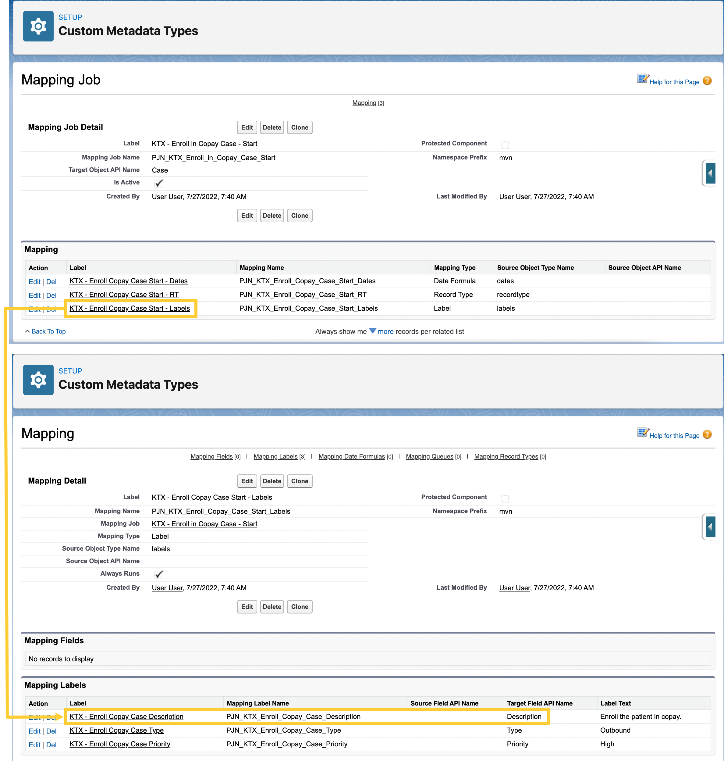 Example of a mapping job record for Case_Start activity to Description field.