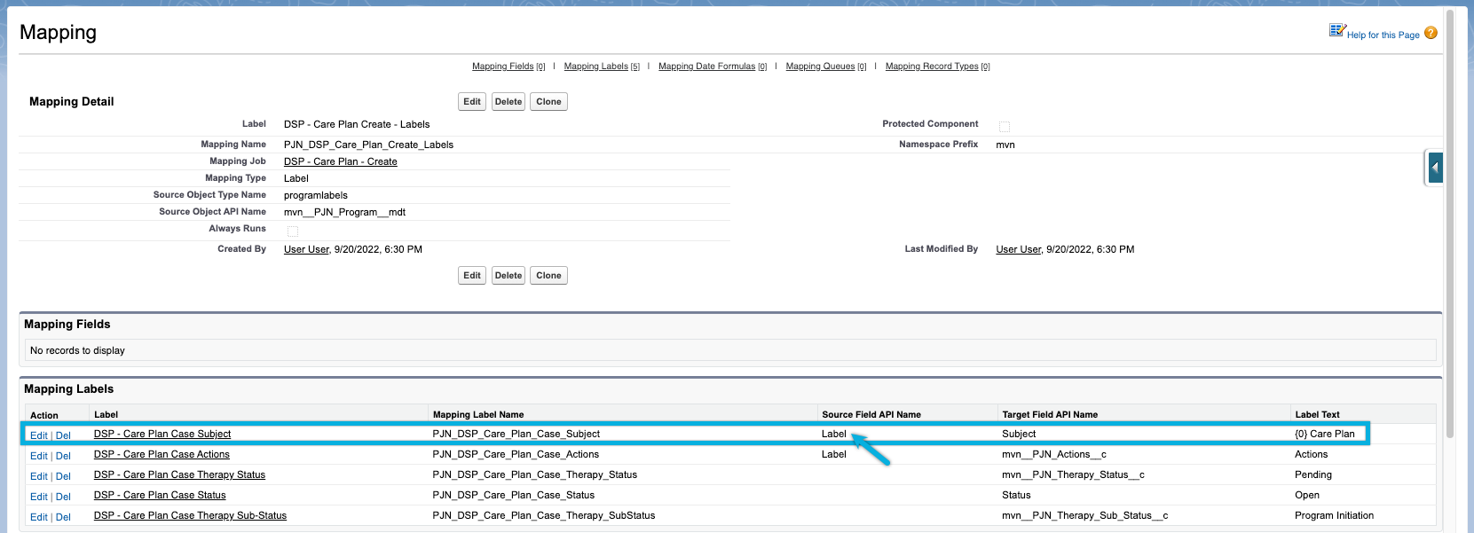 Mapping label record for sample Dasarpoh program