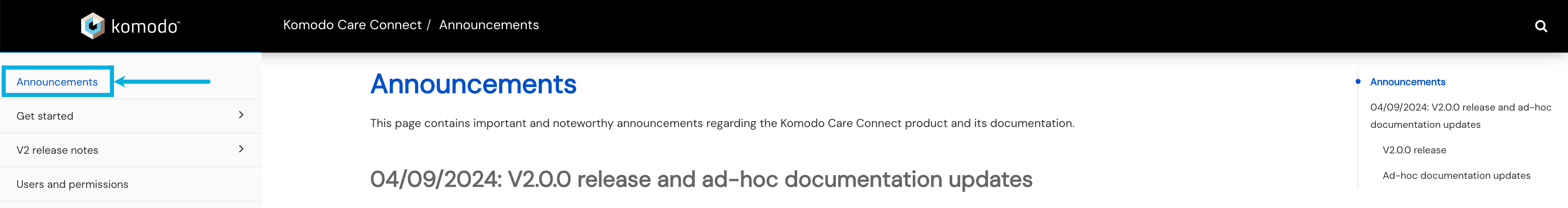 A link to the KCC "Announcements" page can be found in the left-hand navigation in the KCC documentation