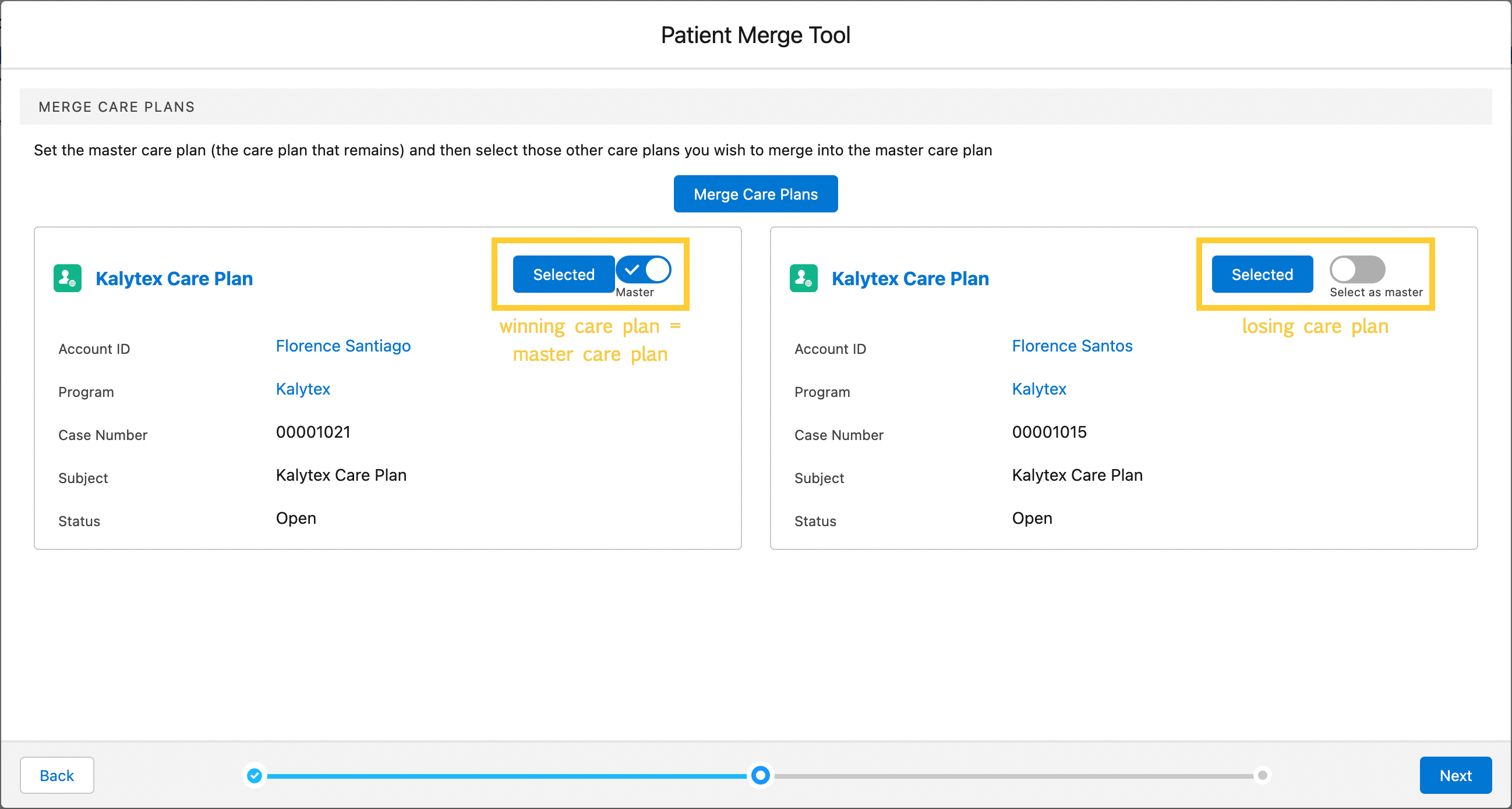 Select the winning (master) care plan to be kept