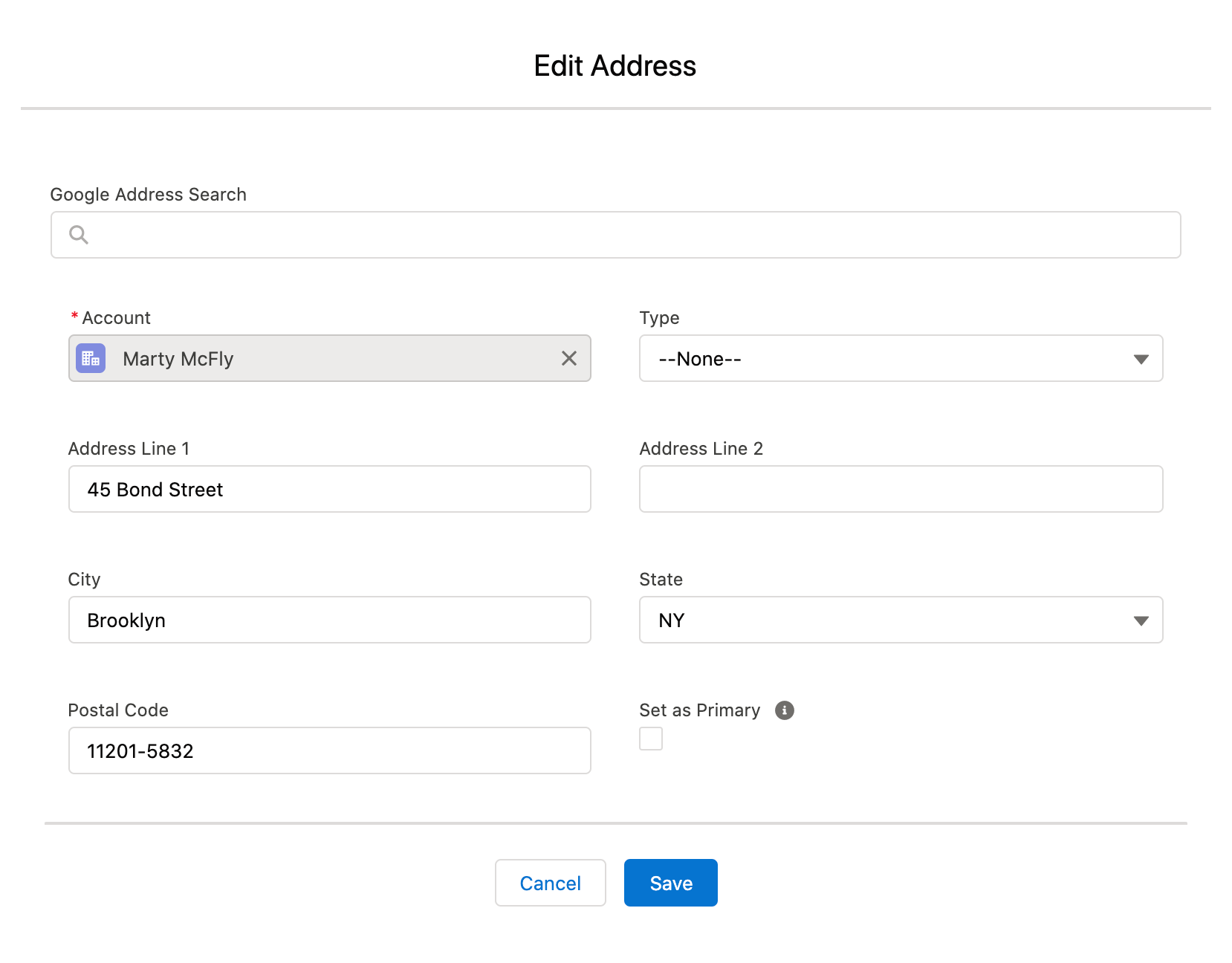 Google Address Search field in Contact Information input form.