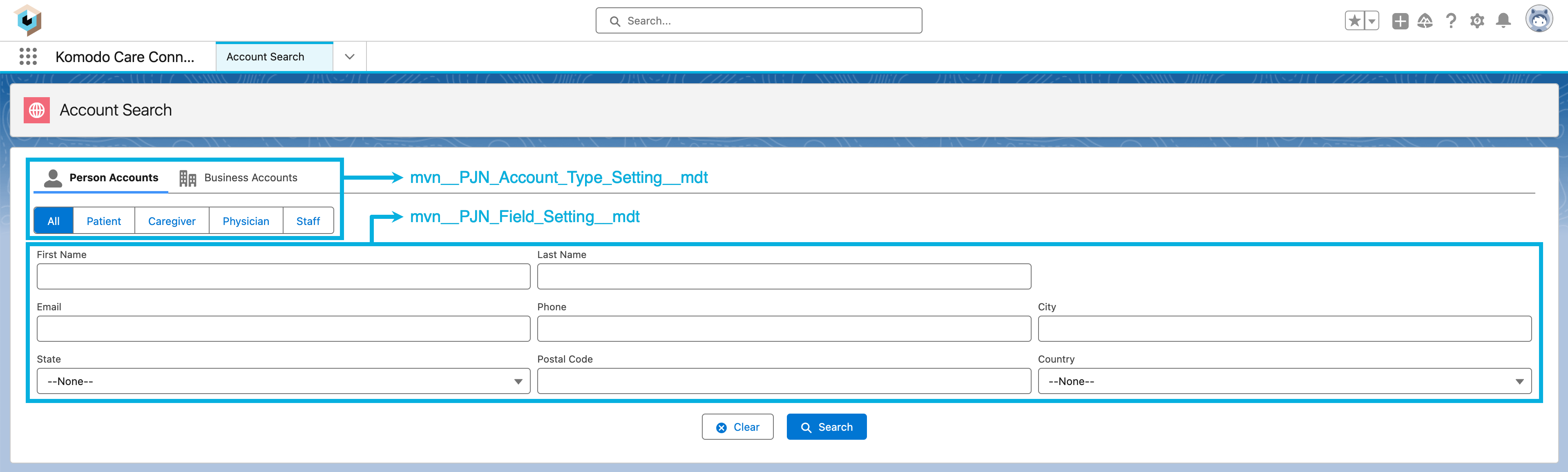 In Account Search V2, the Account Type Setting (mvn__PJN_Account_Type_Setting__mdt) custom metadata type manages the account types at the top while the Field Setting (mvn__PJN_Field_Setting__mdt) custom metadata type manages the search fields at the bottom