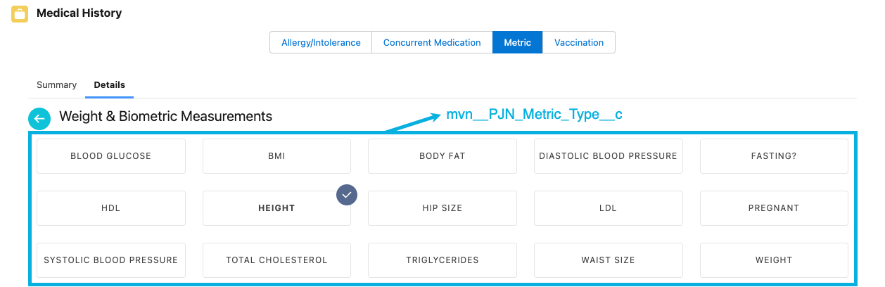 mvn__PJN_Metric_Type__c records in the Medical History component