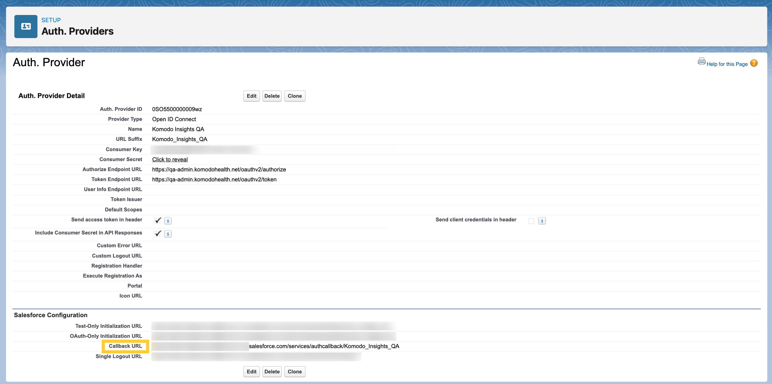 auth. provider settings for Komodo Insights component admin setup