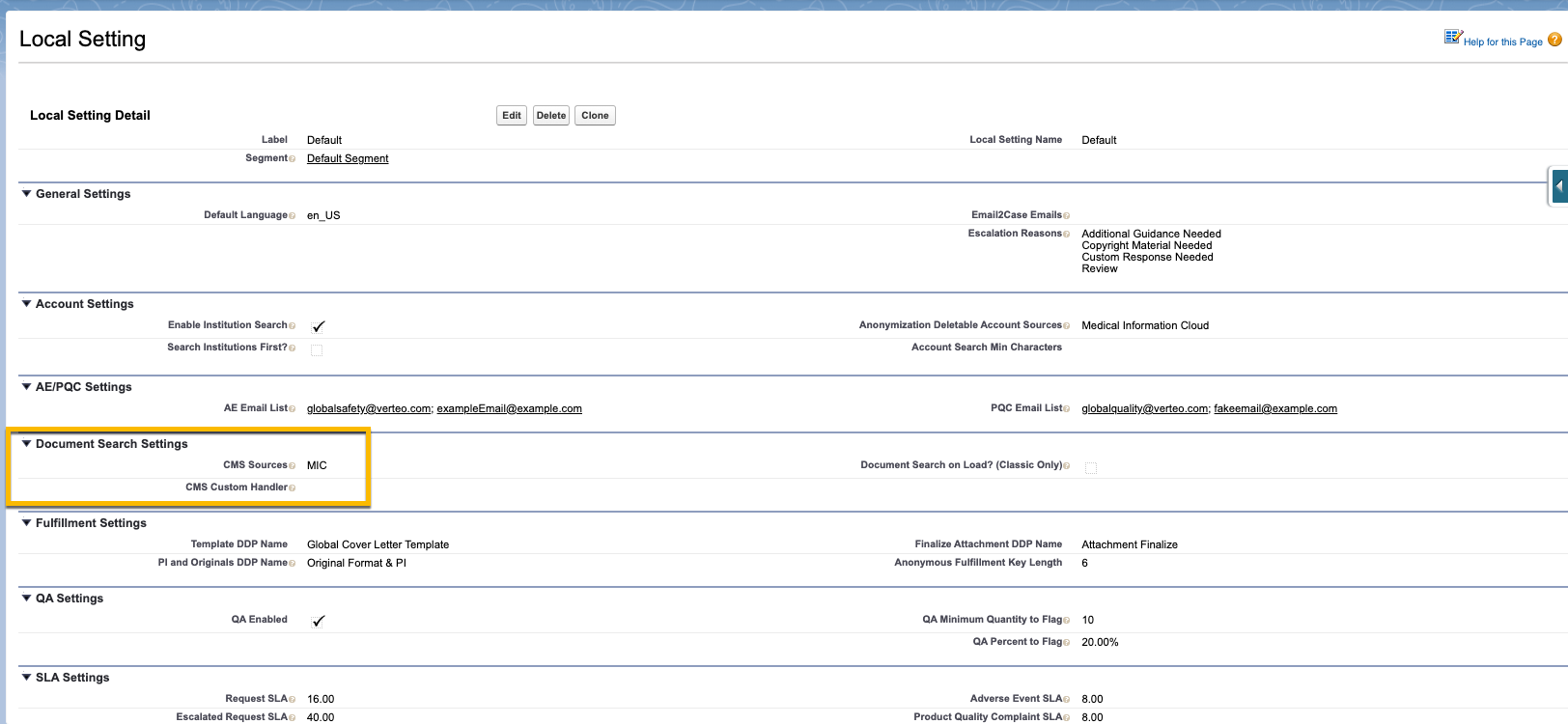 Local setting custom metadata type document search options