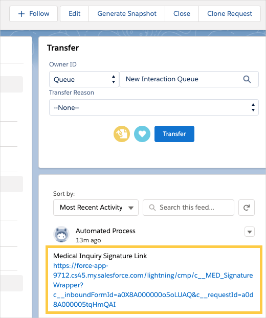 Signature hyperlink and associated Chatter post