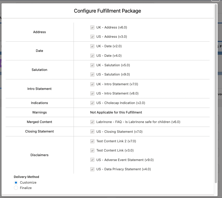 Configure fulfillment package modal