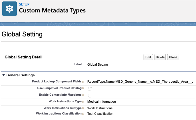 Sample entries on the Global Setting for Work Instructions