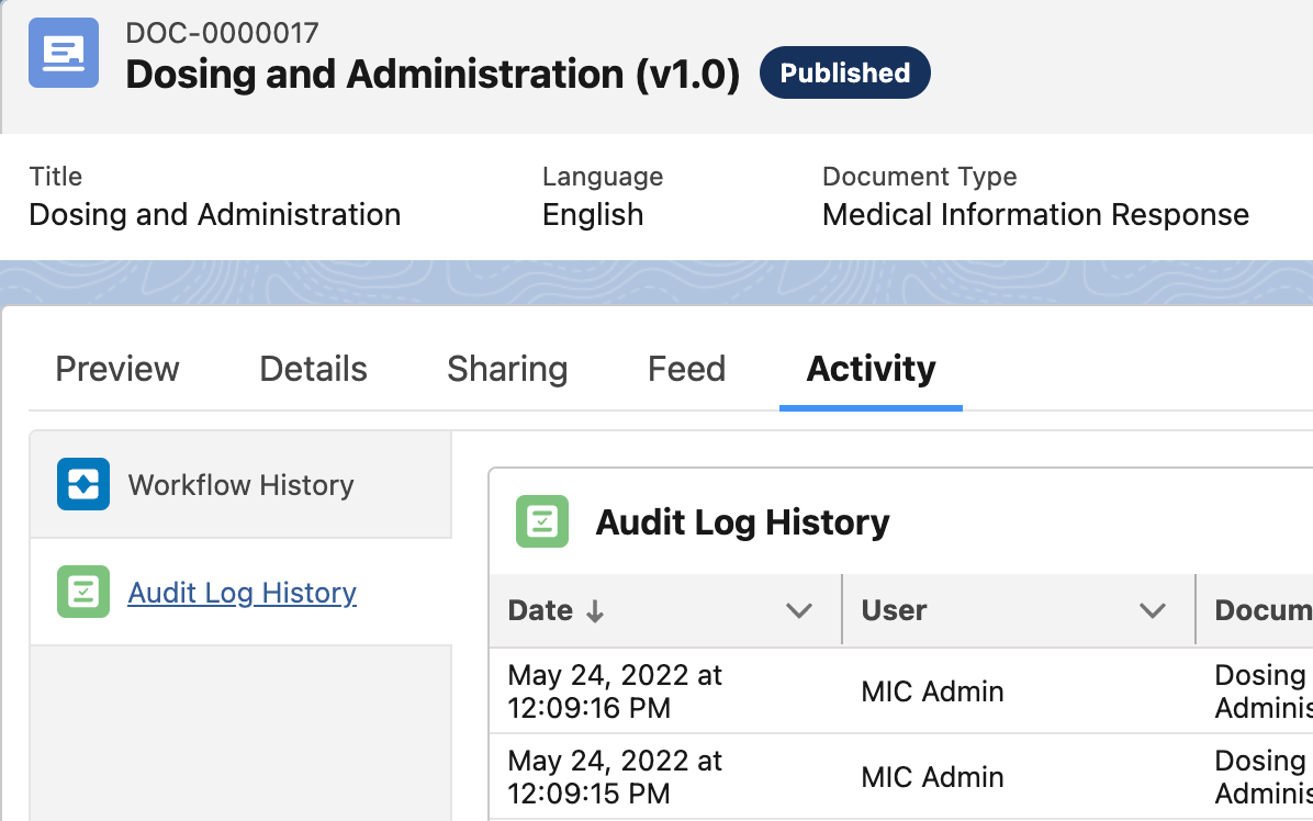 Audit Log History for a document