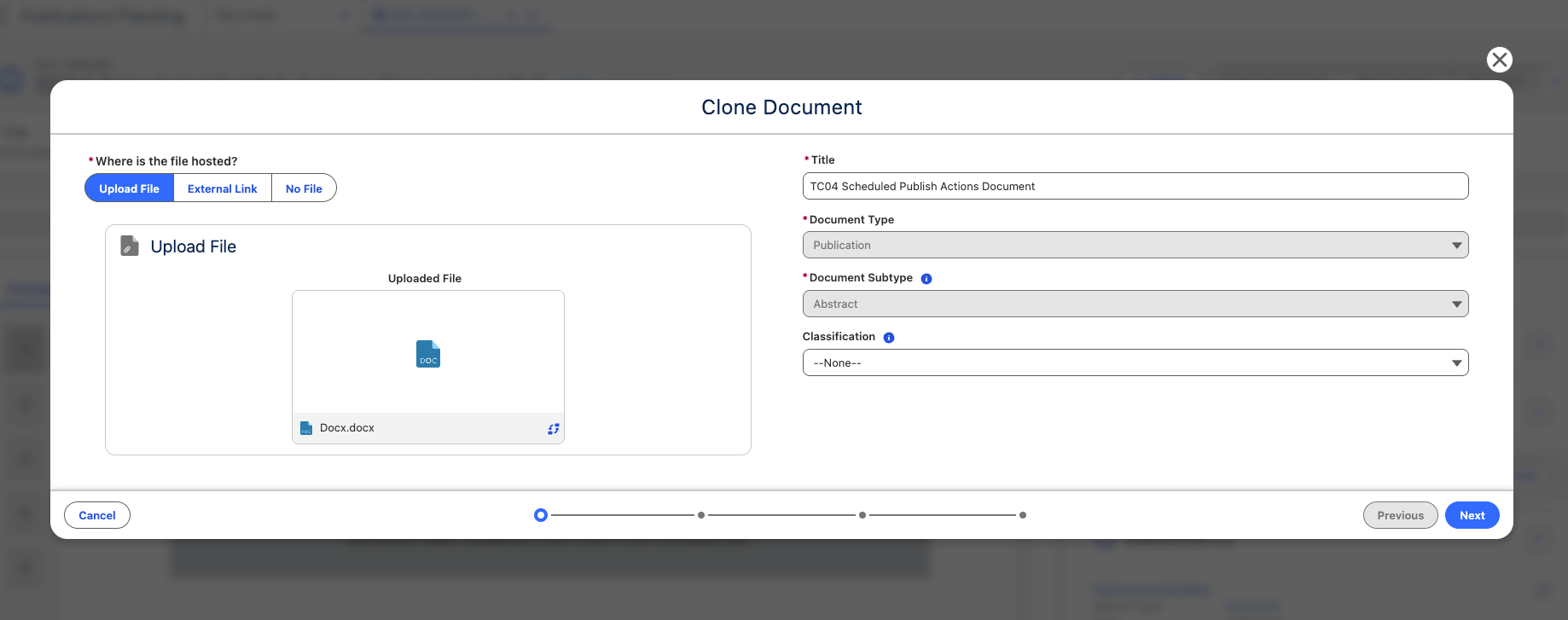 First step of the Clone Document wizard, showing file hosting and document detail fields