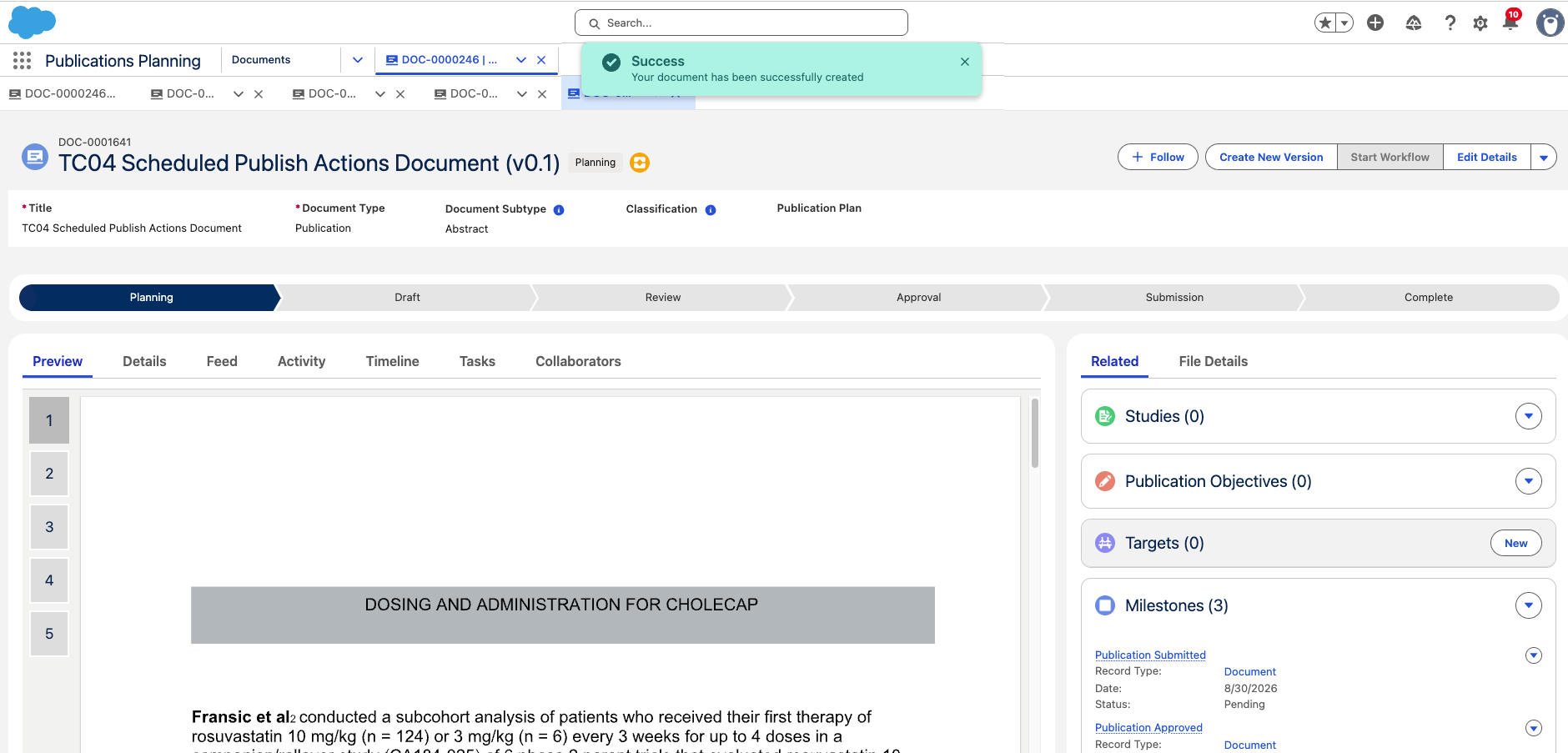 New cloned document record with a "Your document has been successfully created" success message