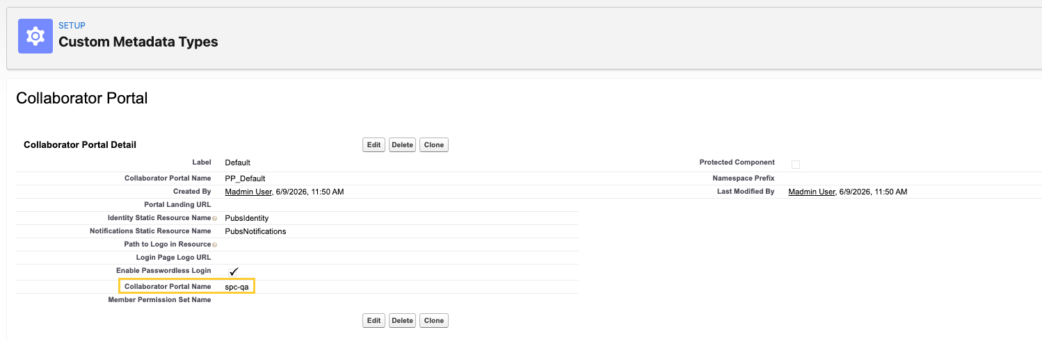 Default Collaborator Portal custom metadata record with the Collaborator Portal Name field highlighted