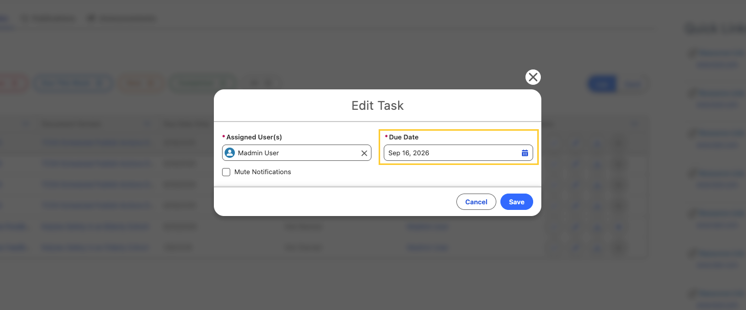 Edit Task modal with an editable Due Date field