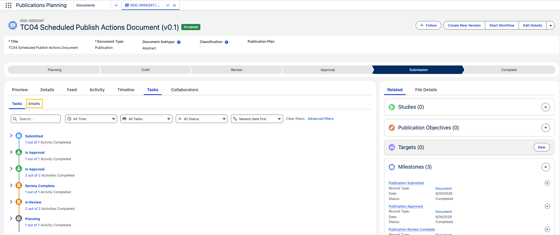 Emails subtab