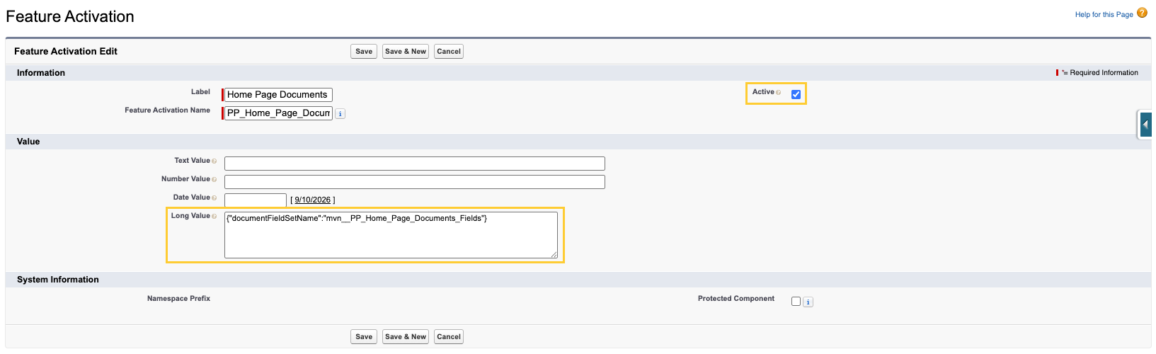 Feature Activation Edit page for the Home Page Documents record with the Active checkbox and the Long Value field highlighted