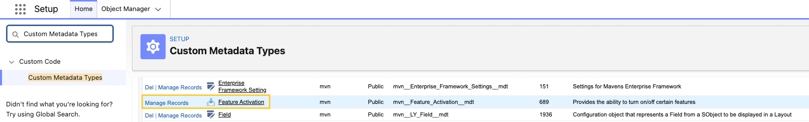 Custom Metadata Types list in Setup with the Manage Records link for Feature Activation highlighted