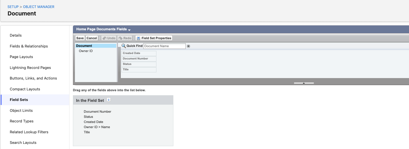 Home Page Documents Fields field set on the Document object in Setup, listing the fields it contains