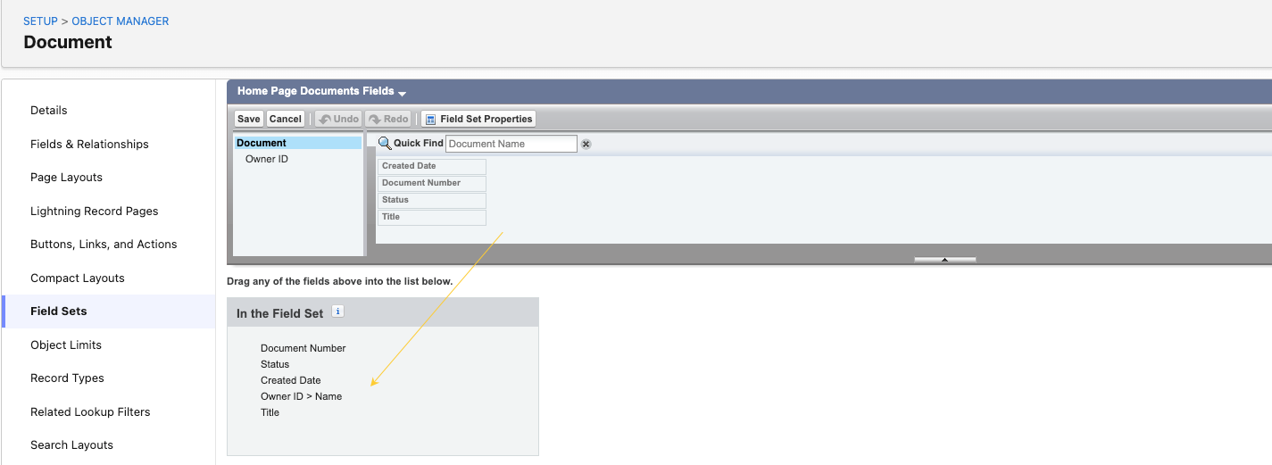 Home Page Documents Fields field set editor with an arrow showing a field being dragged into the In the Field Set container