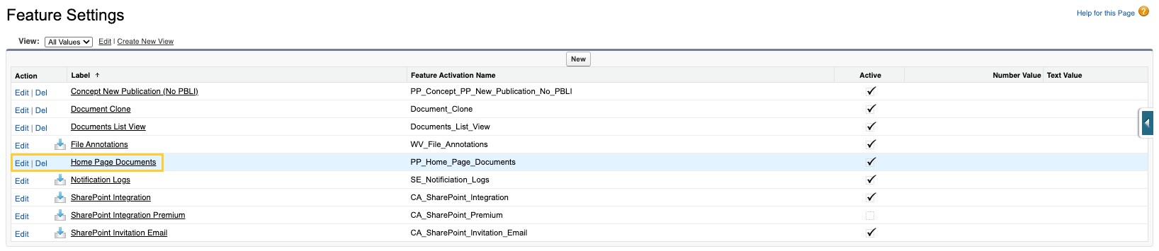 Feature Settings list of Feature Activation records with the Edit link on the Home Page Documents row highlighted