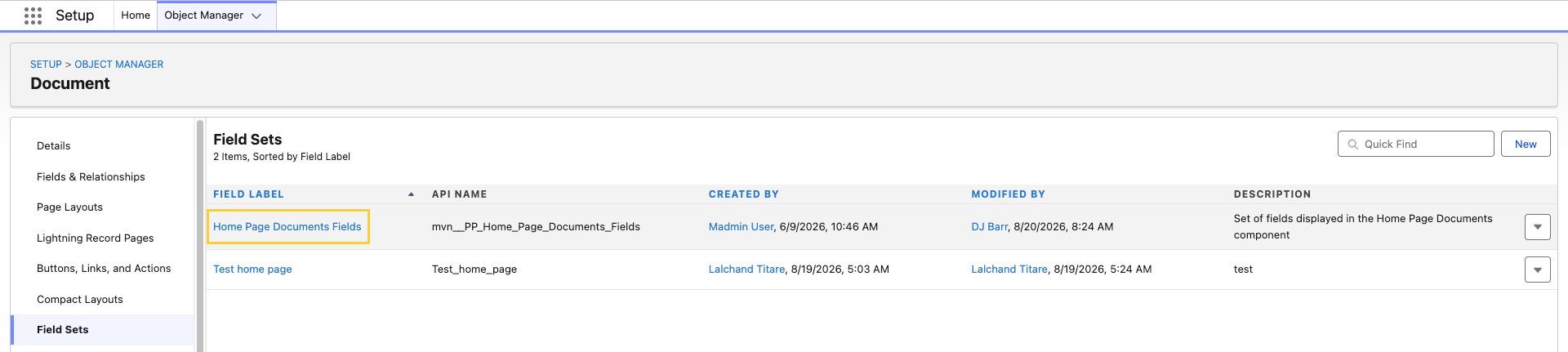 Field Sets list in Object Manager for the Document object, with Home Page Documents Fields highlighted