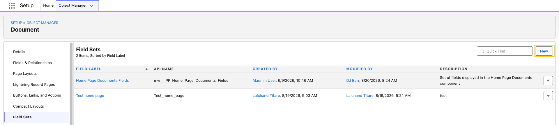 Field Sets list in Object Manager for the Document object, with the New button highlighted