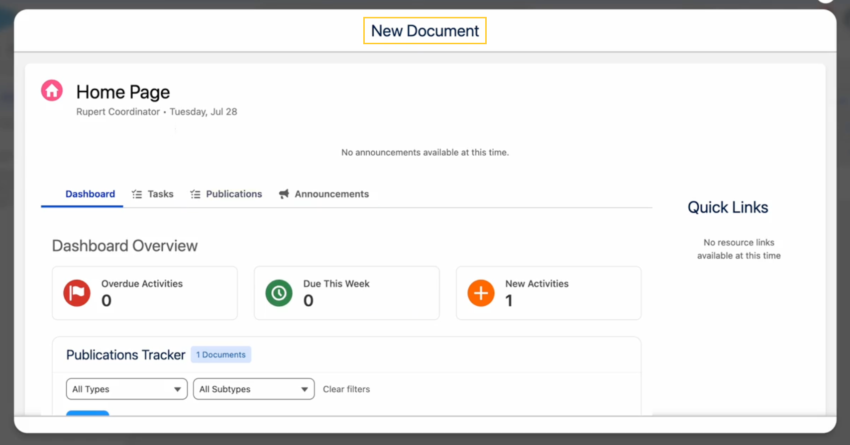 The New Document action launching a configured override in place of the standard wizard