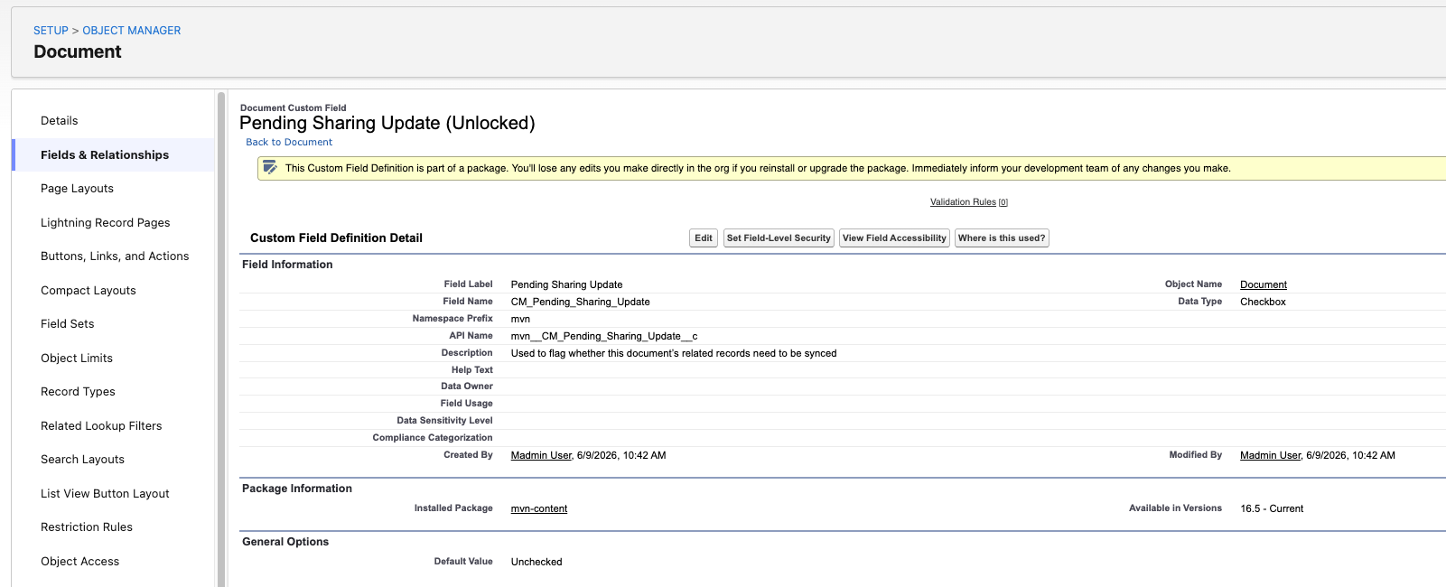Pending Sharing Update custom field definition on the Document object in Setup