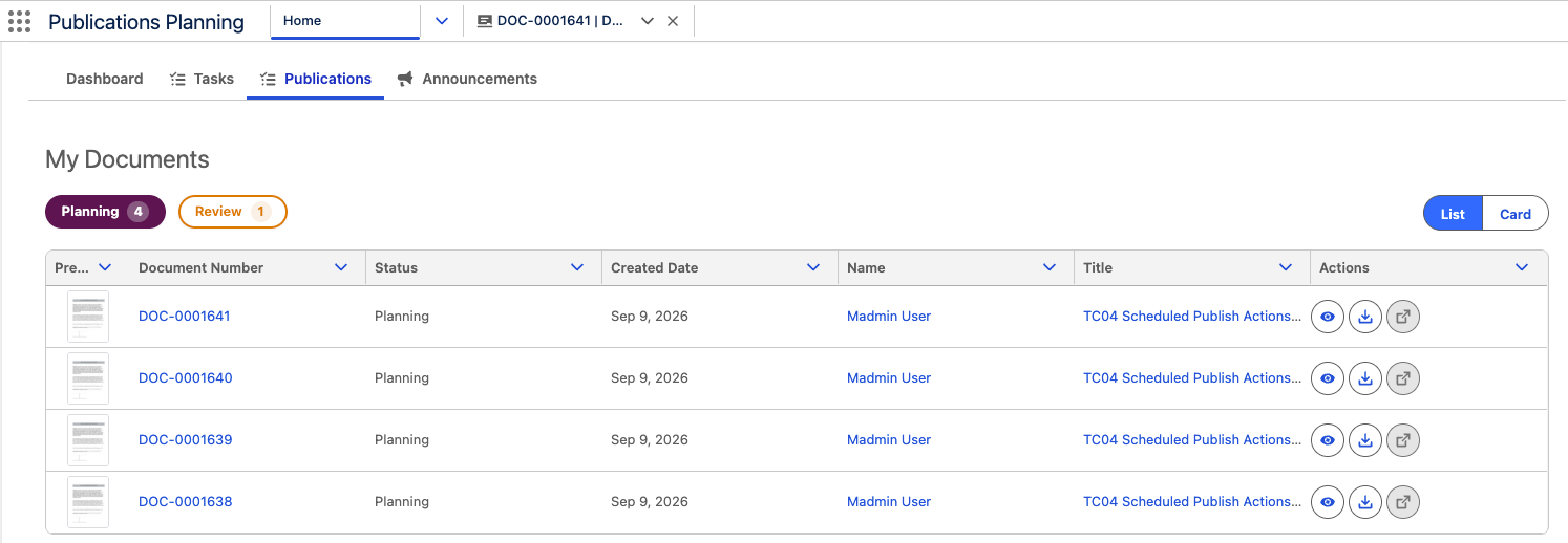 Publications tab on the Home page showing Document Number, Status, Created Date, Name, and Title columns matching the field set, between the Preview and Actions columns