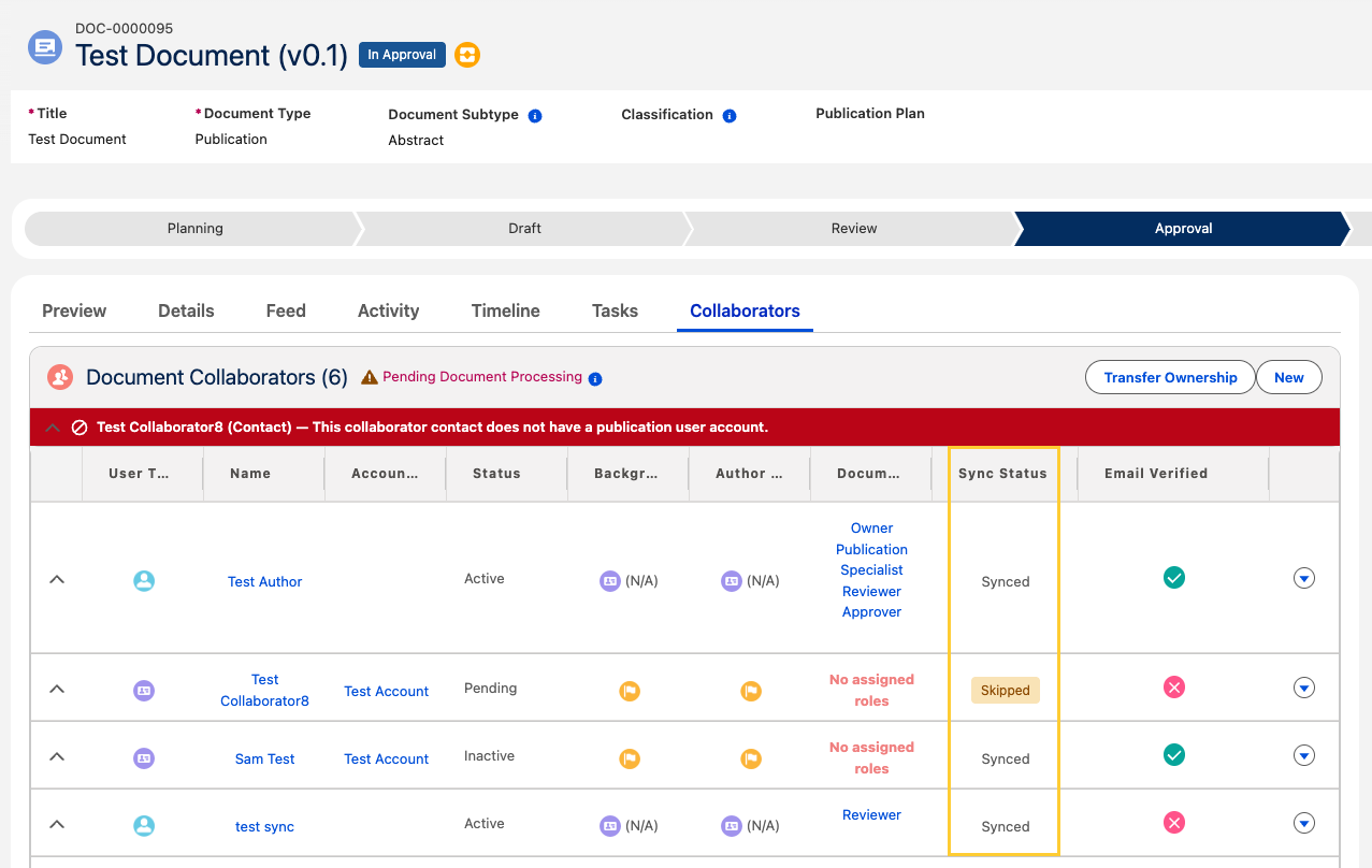 Sync Status column in the Document Collaborators table