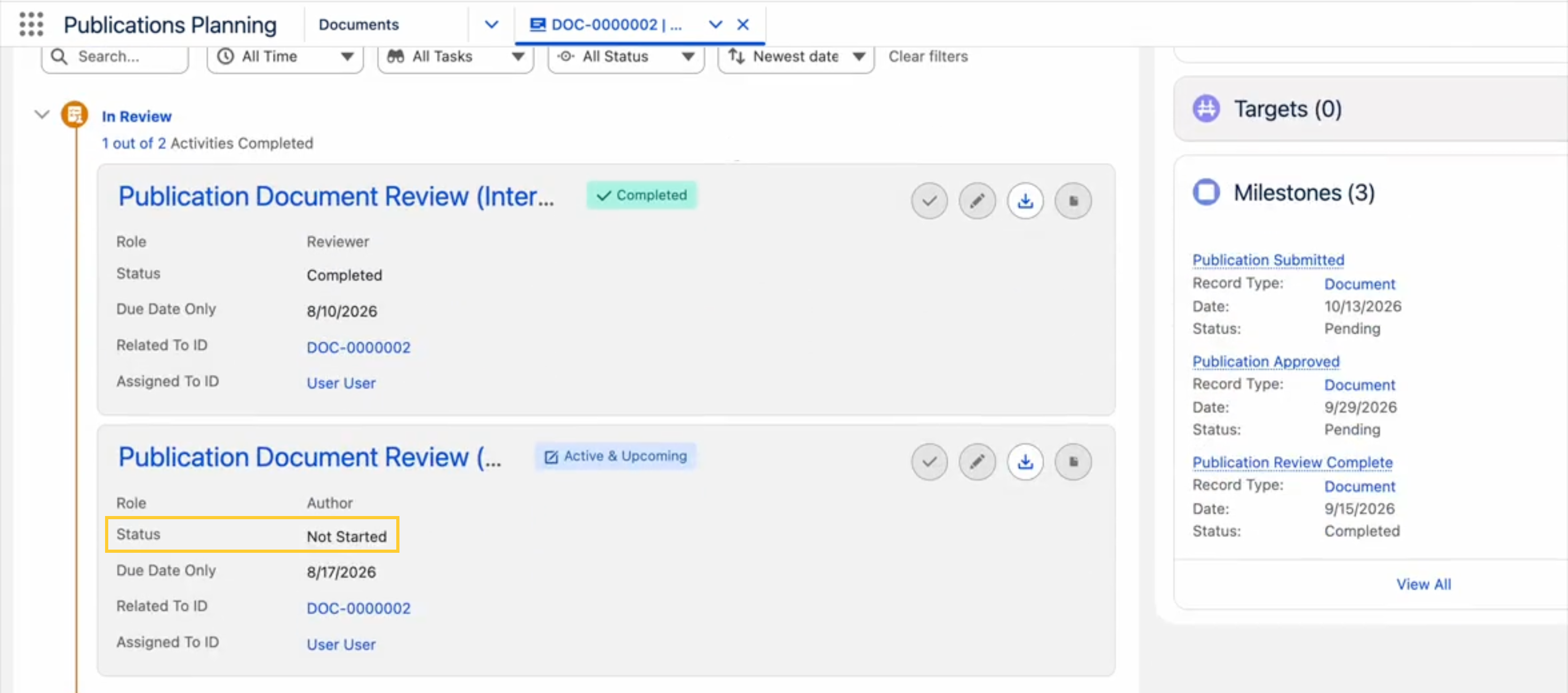 Tasks tab showing a task card with a stale Not Started status and a 1 out of 2 Activities Completed summary