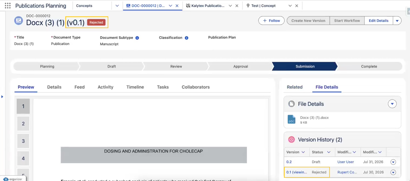 Document record page with the header, lifecycle path, preview, and Version History panel all reflecting the selected version