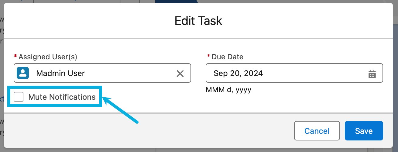 Mute Notifications checkbox in the Edit Task modal