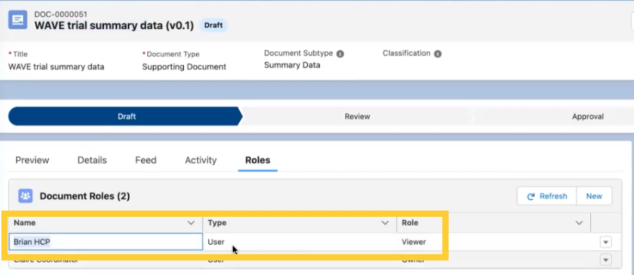 Document role section on document record page