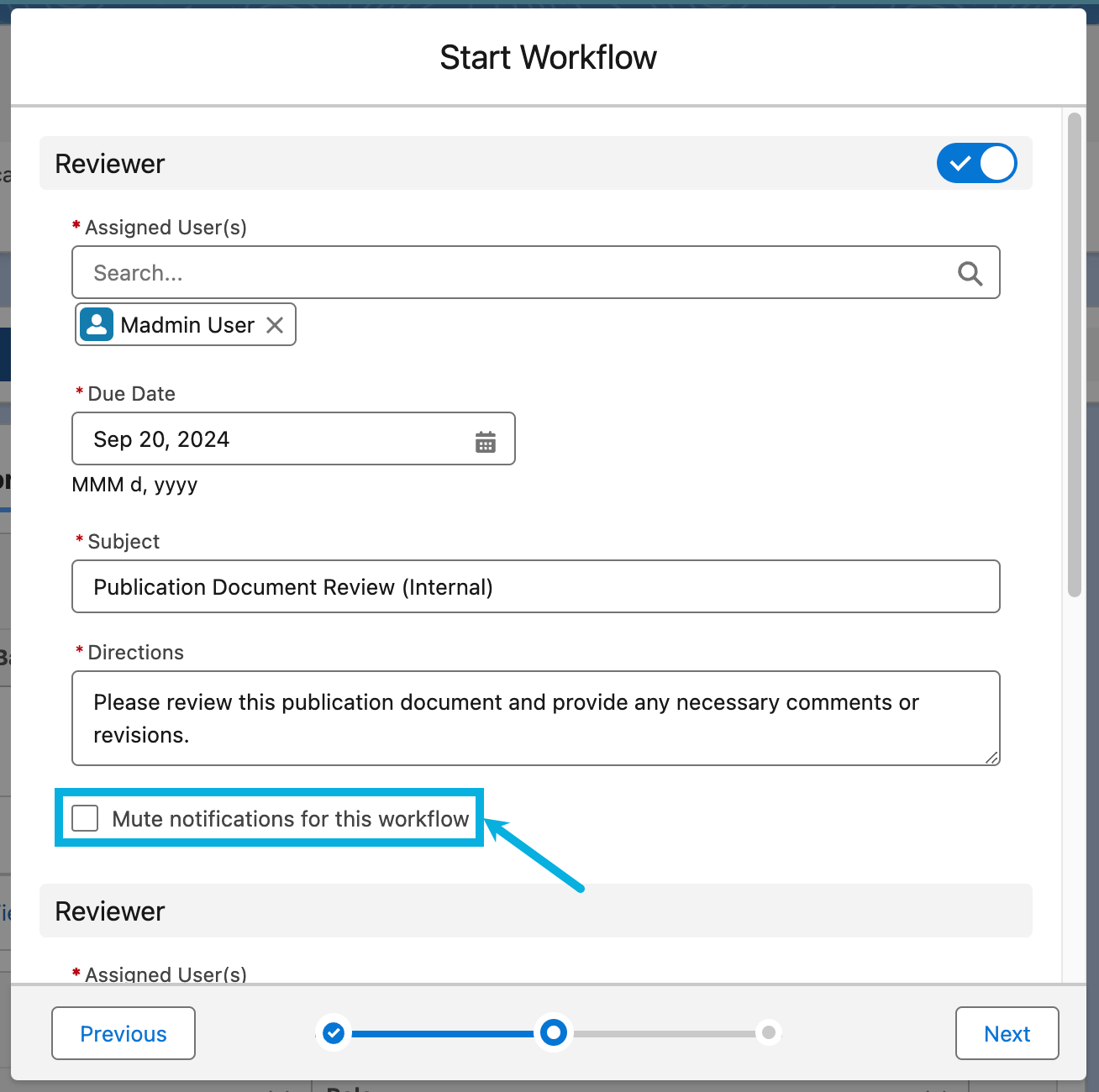 Mute Notifications checkbox in the Start Workflow modal